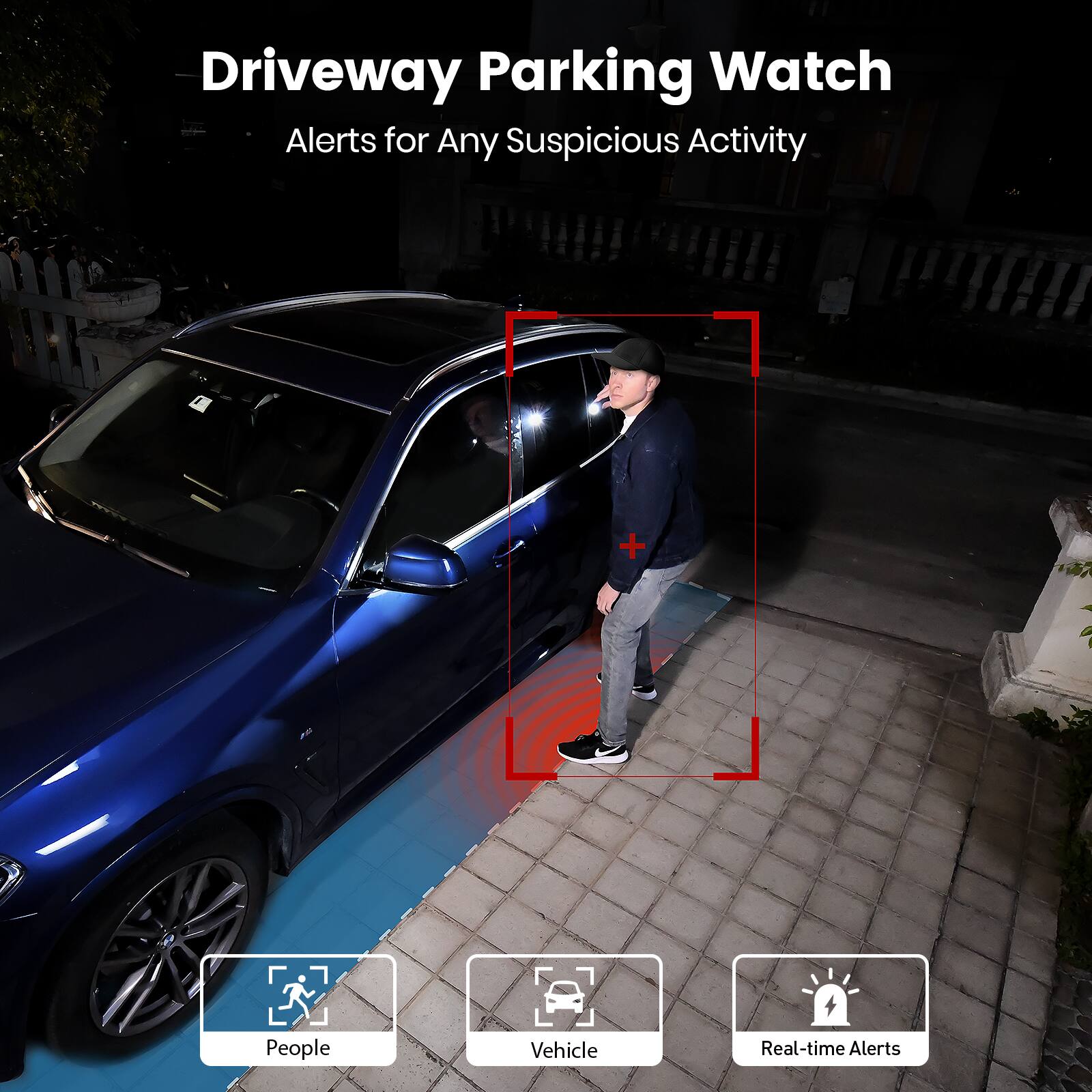 Driveway Parking Watch  
Alerts for Any Suspicious Activity  

People  
Vehicle  
Real-time Alerts