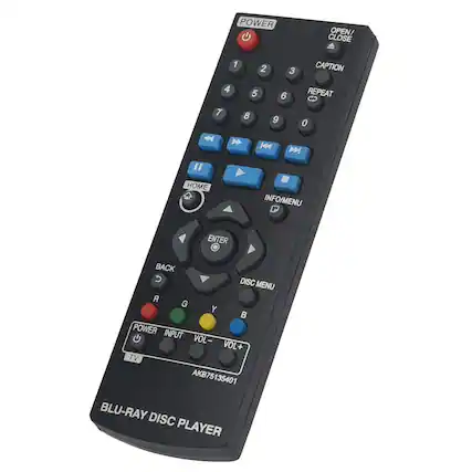 POWER OPEN/ CLOSE 1 2 3 CAPTION 4 REPEAT 5 6 7 8 9 0 K D " HOME INFO/MENU ENTER BACK 5 DISC MENU R G Y POWER INPUT VOL VOL+ + TV AKB75135401 BLU-RAY DISC PLAYER