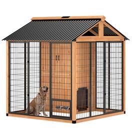 Pawhut - 7' x 6' Extra Large Dog House, Wood Outdoor Dog Kennel with Storage Cabinet, Stainless Steel Bowls - Yellow