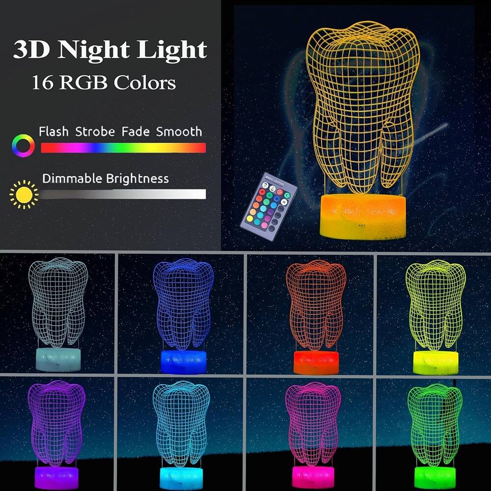 3D Night Light  
16 RGB Colors  

Flash Strobe Fade Smooth  

Dimmable Brightness