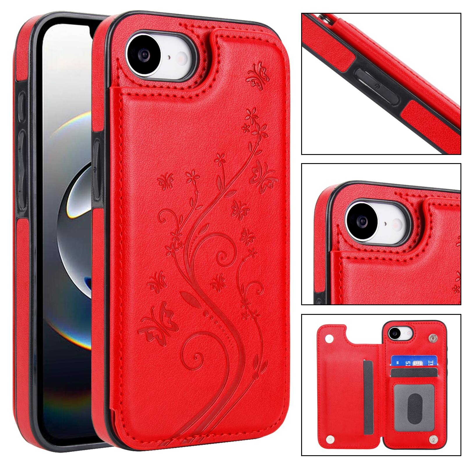 Dteck - For Apple iPhone 17e / 16e Wallet Case Flower Embossed Pattern PU Leather Card Slots Flip Kickstand Shockproof Cover - Red