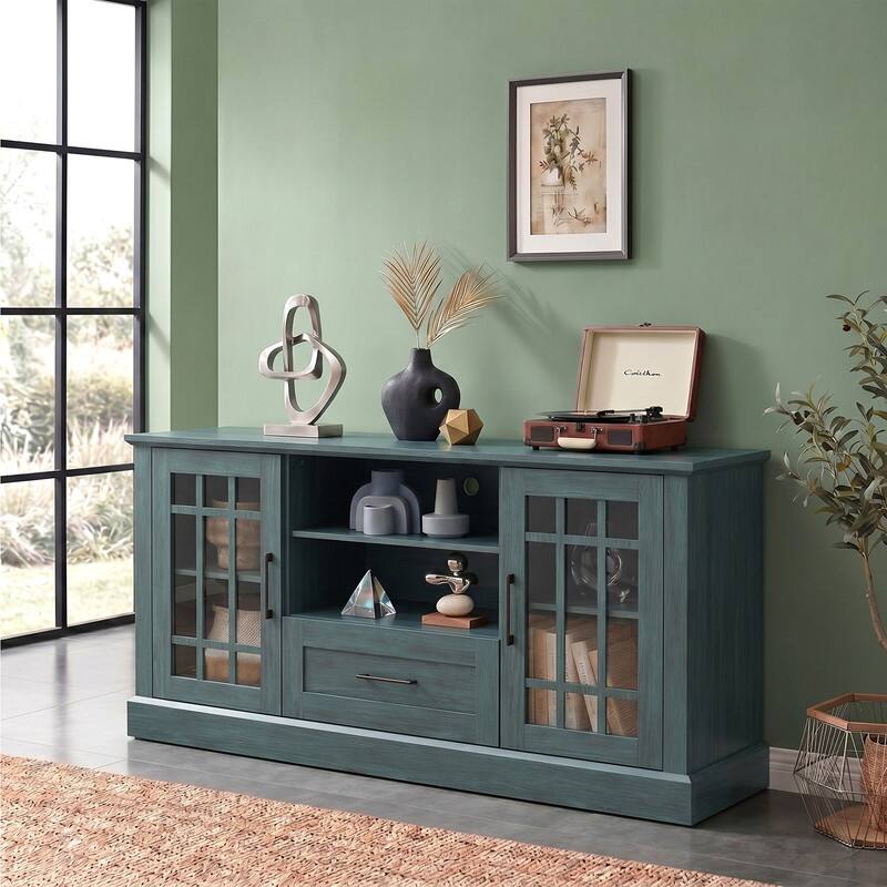 Alt View 3. WELLFOR - Modern Farmhouse TV Stand for TVs up to 70", Entertainment Center with Storage Cabinet & Glass Door - Green.