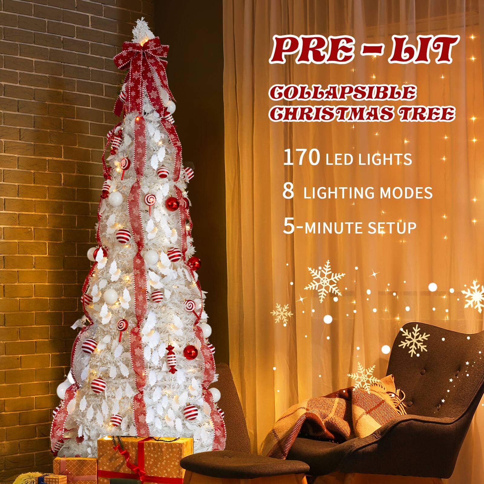 PRE-LIT COLLAPSIBLE CHRISTMAS TREE  
170 LED LIGHTS  
8 LIGHTING MODES  
5-MINUTE SETUP