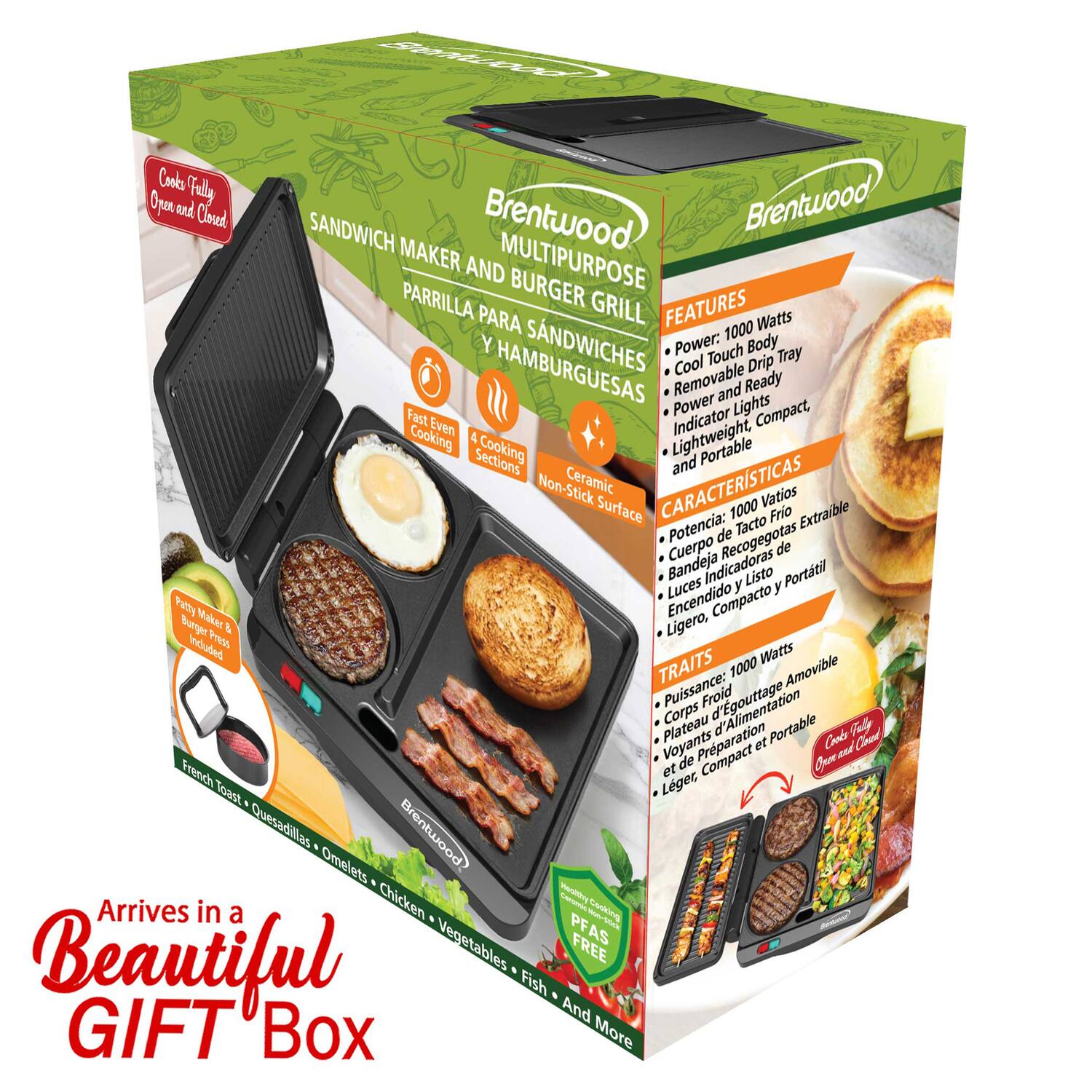Brentwood Multi-Purpose Sandwich Maker and Burger Grill

Features:
- Power: 1000 Watts
- Cool Touch Body
- Removable Drip Tray
- Power and Ready Indicator Lights
- Compact, Lightweight, and Portable
- Non-Stick Ceramic Surface

Arrives in a Beautiful Gift Box

Cook Fully Open and Closed

Fast Even Cooking
4 Cooking Sections

French Toast, Quesadillas, Omelets, Chicken, Vegetables, Fish, and More