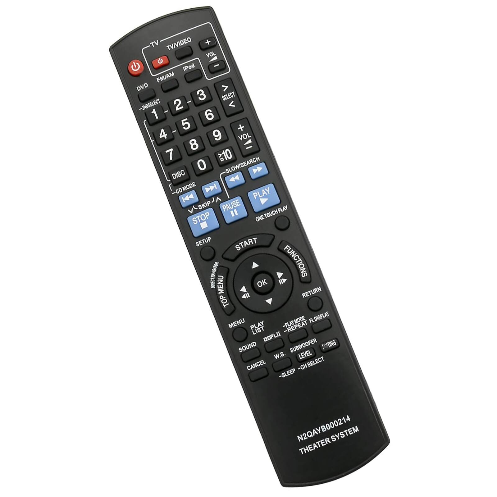 TV TV/VIDEO + VOL O  iPod - FM/AM DVD > 3 SELECT -INDSELECT 2 < - 1 6 5 + - 4 9 VOL 8 7 10 DISC 0 SLOW/SEARCH V 4  CD MODE D |4 PLAY SKIPJA SKIP PAUSE PLAY " TOUCH STOP ONE SETUP START HOUWWLORIG FUNCTIONS MENU OK RETURN TOP MENU FLDISPLAY PLAY LIST -REPEAT DOPLII SOUND SUBWOOFER TING W.S. LEVEL CANCEL -CH SELECT -SLEEP N2QAYB000214 SYSTEM THEATER