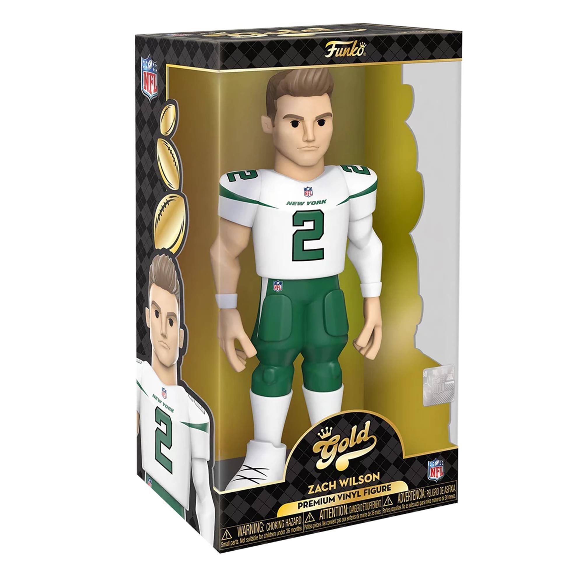 NFL 4 Funko 2 C 1 NEW YORK 2 o FSRK 2 Gold 31 NFL ZACH WILSON FIGURE CA PELGRUO E DE ASFRA VINYL A ADVERTENCI PREMIUM SIE NGERSOUFIE d i ATTENTION: m HAZARO A L = WARNING: CHOKING HAZARD - Small parts. Not for children under 3 years.