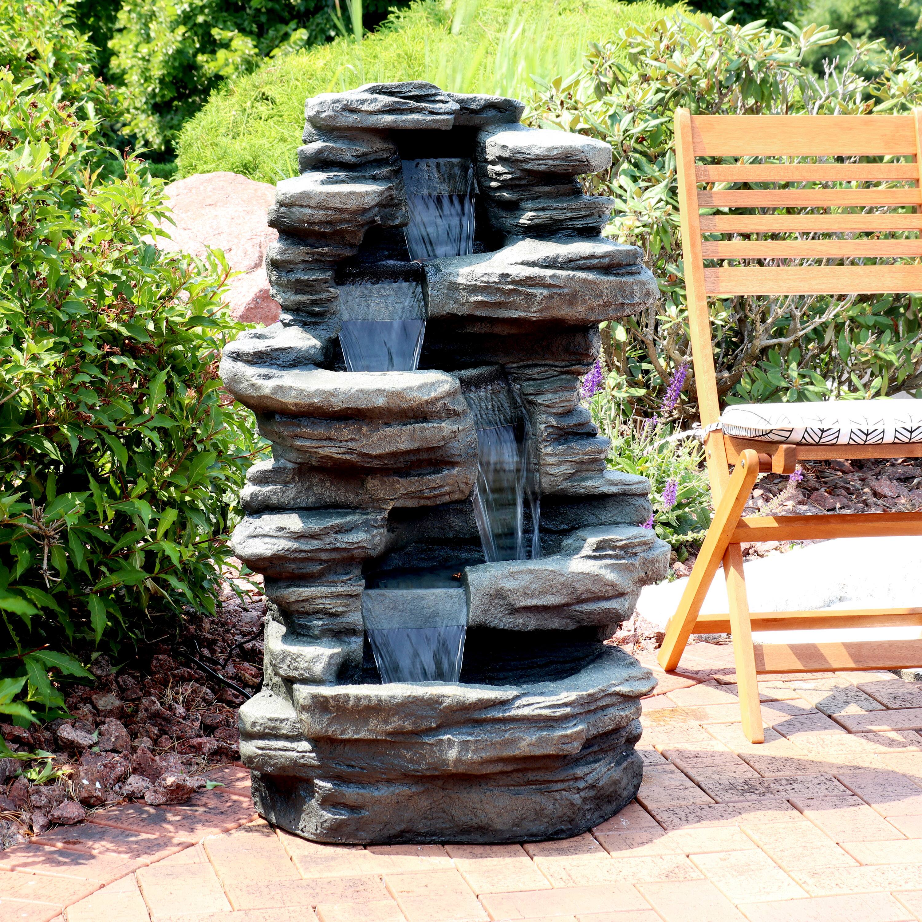 Alt View 3. Sunnydaze - Electric Stacked Shale Water Fountain with LED Lights - 38 in - Grey.