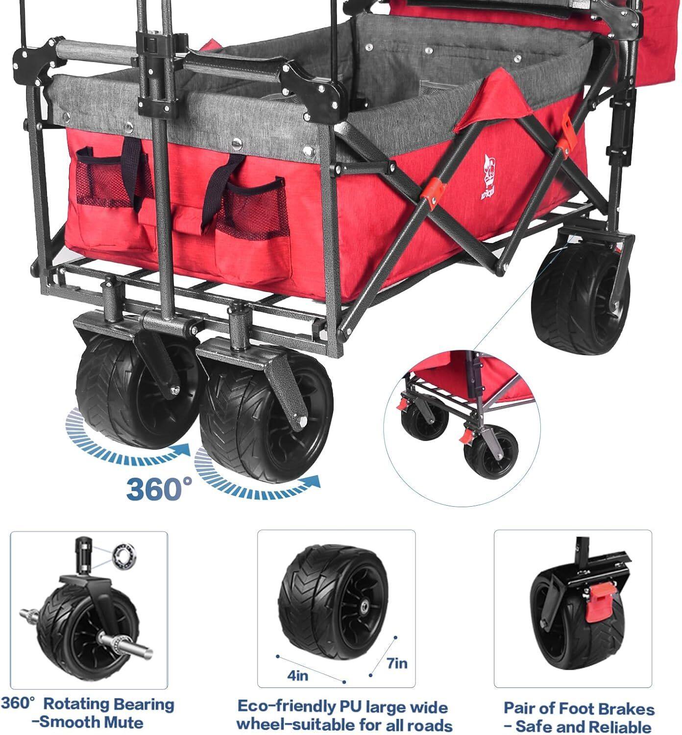 A 360° 4in 7in 360° Rotating Bearing - Smooth Mute Eco-friendly PU large wide wheel-suitable for all roads Pair of Foot Brakes - Safe and Reliable