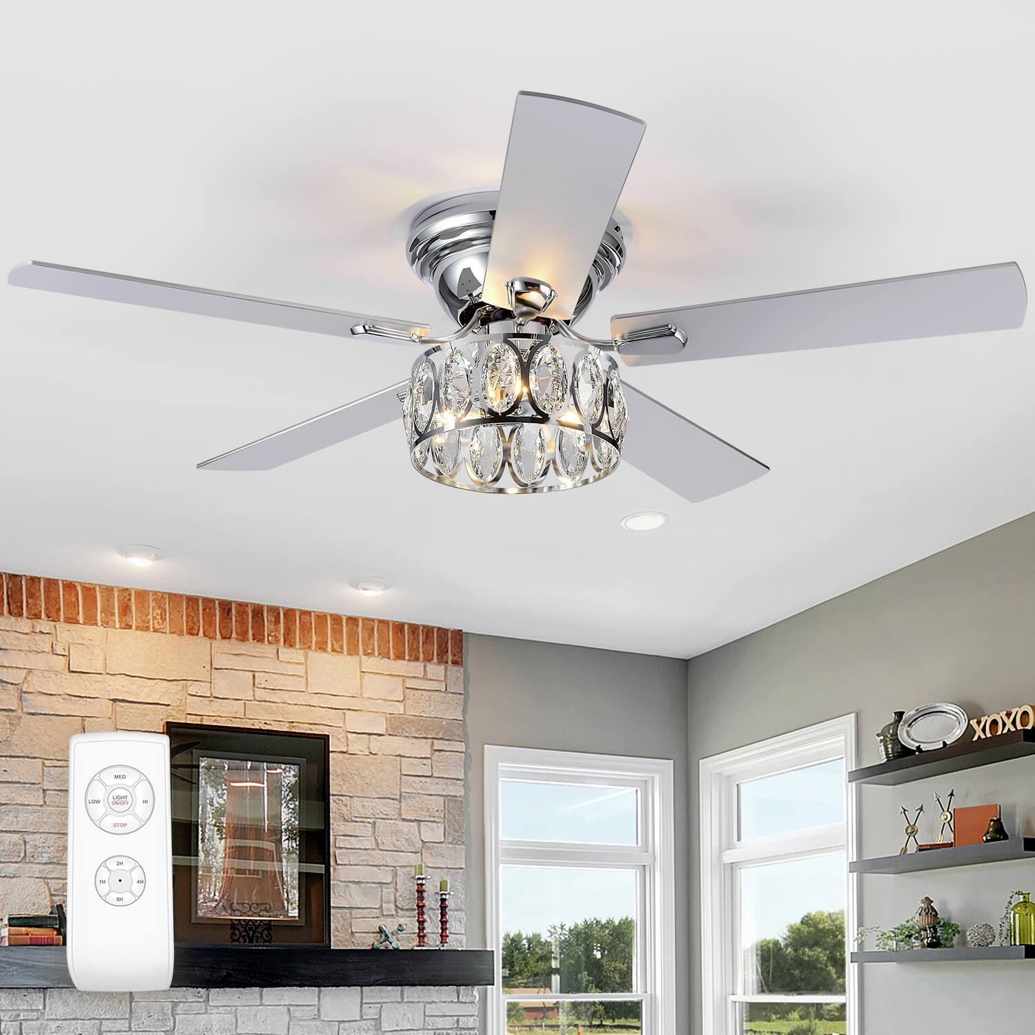 Left. Breezary - 52'' Flush Mount Ceiling Fan with Light Kit, Low Profile Indoor Crystal Fan, 5 Blades, 6-Speed DC Motor, Remote, Timer - Chrome with Silver Blades.