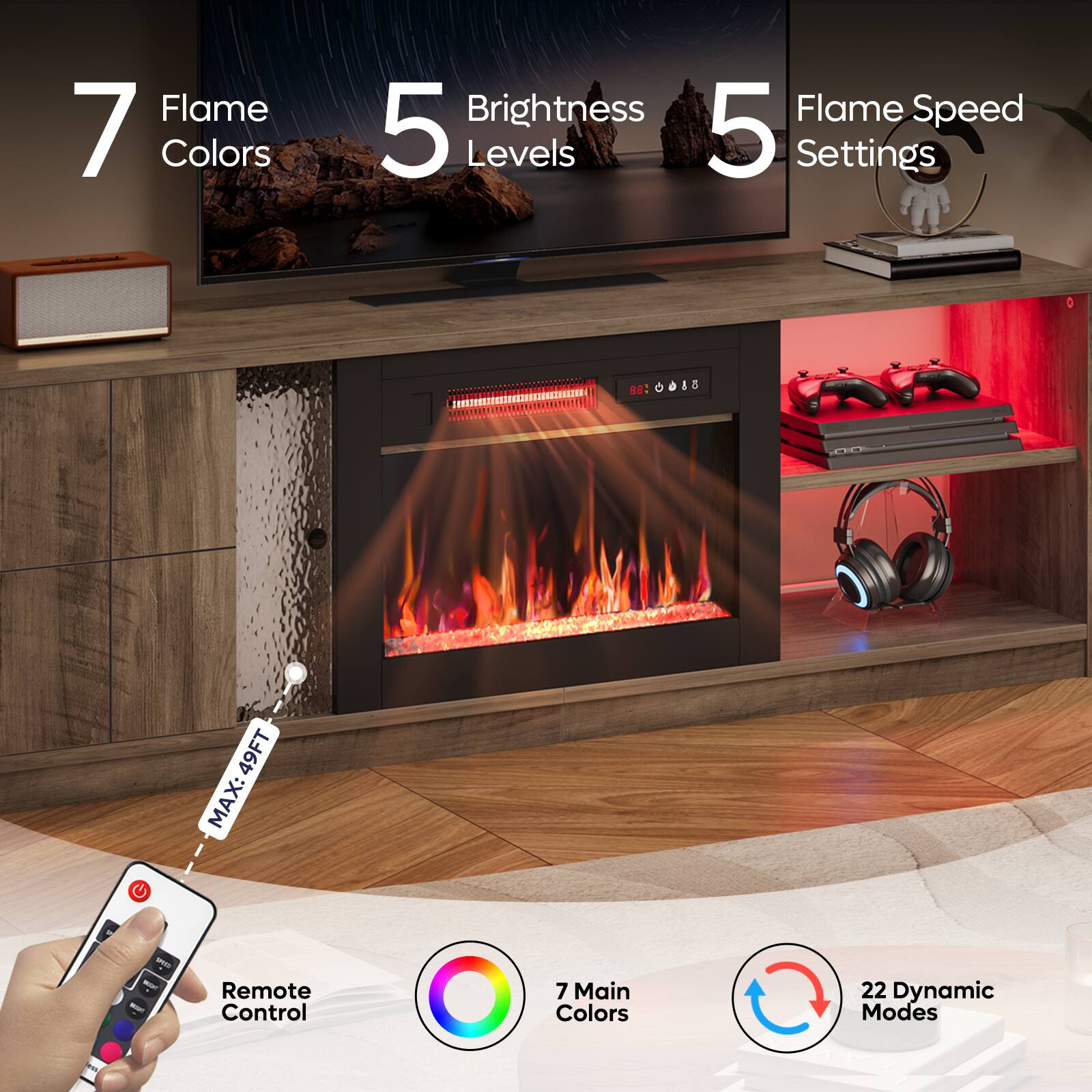 Flame 7 Colors Brightness 5 Levels 5 Settings 80: 015 5 49FT MAX: - - Remote Control 7 Main Colors 22 Dynamic Modes