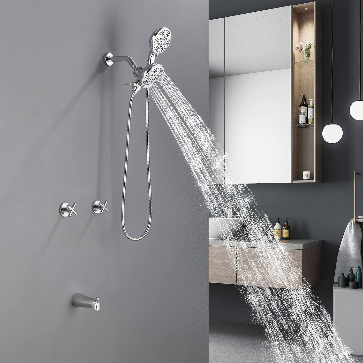 Alt View 3. Boyel Living - Polished Chrome Shower Set with 7 Function Dual Shower Heads and Tub Spout - Polished Chrome.