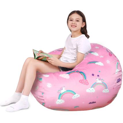 Front. JETRANSPORT - Pizza Stuffed Animal Storage Bean Bag Chair Cover - Organizer With Ykk Zipper Holds 100+ Toys Washable - Rainbow Pink XX-Large.