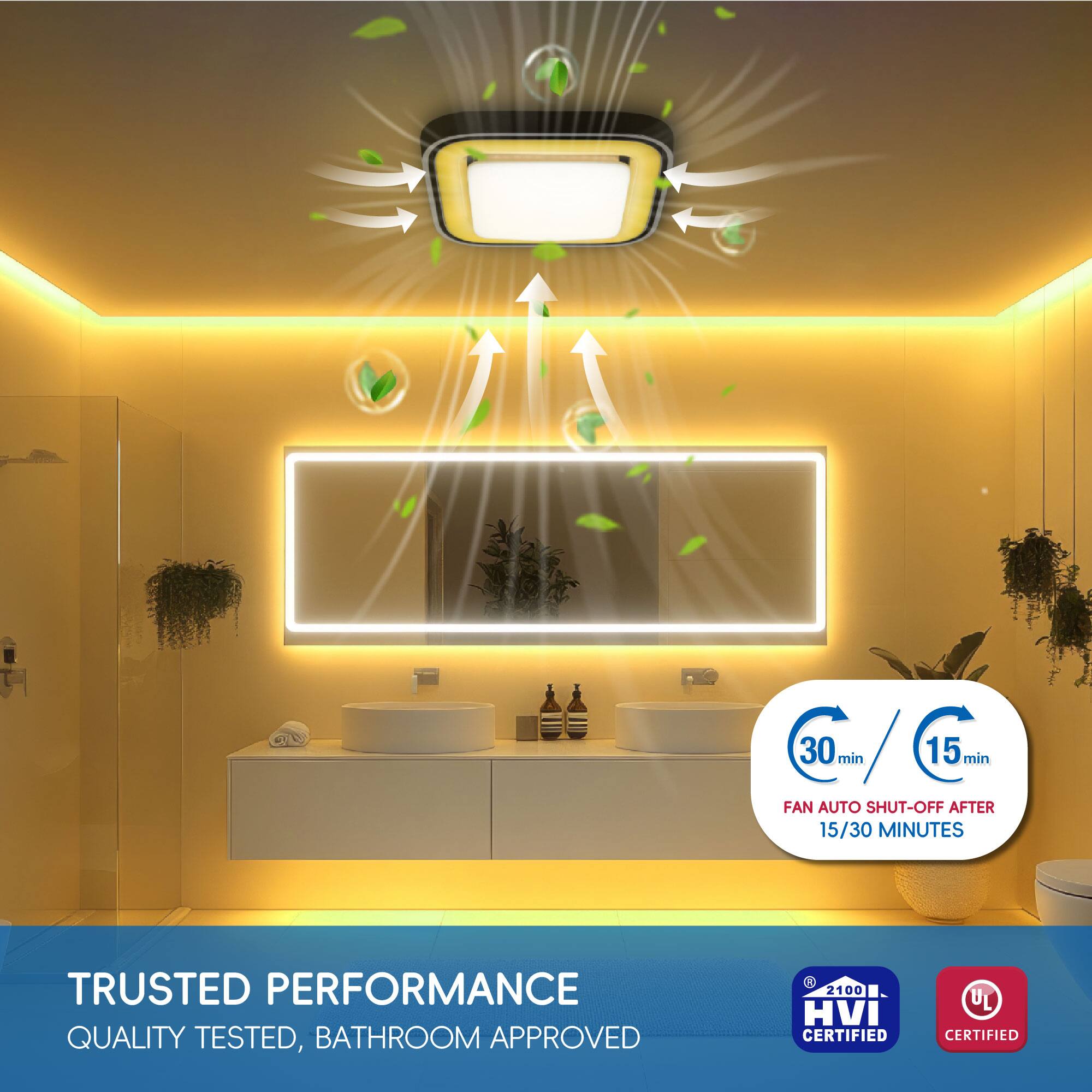 30 min / 15 min  
FAN AUTO SHUT-OFF AFTER 15/30 MINUTES  
TRUSTED PERFORMANCE  
QUALITY TESTED, BATHROOM APPROVED  
2100 HVI CERTIFIED  
UL CERTIFIED