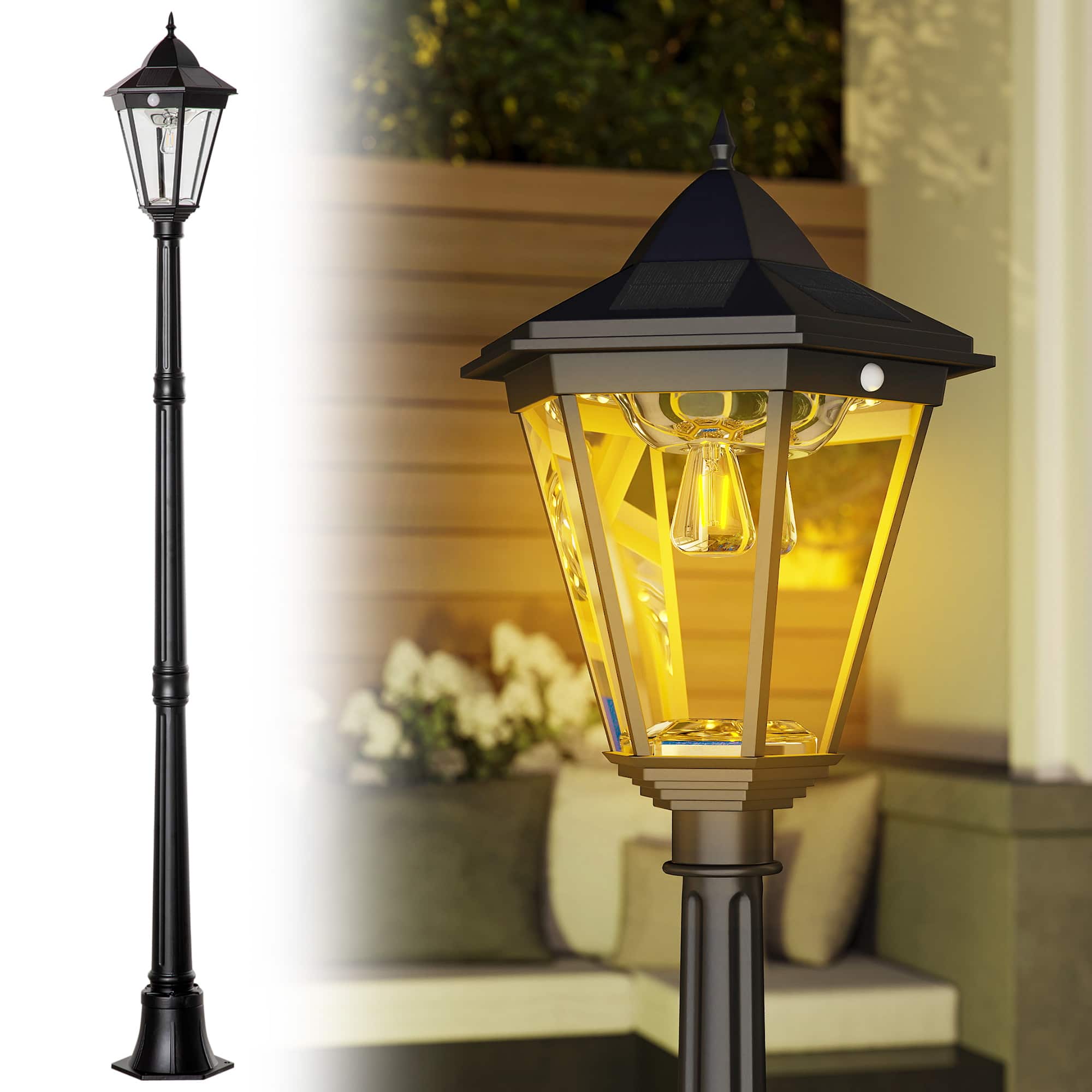 Outsunny - 77" Solar Lamp Post Light, Waterproof Aluminum Outdoor Vintage Street Lamp, Motion Activated Sensor PIR - Black