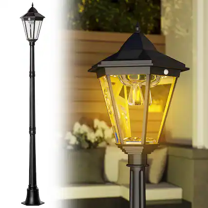 Front. Outsunny - 77" Solar Lamp Post Light, Waterproof Aluminum Outdoor Vintage Street Lamp, Motion Activated Sensor PIR - Black.
