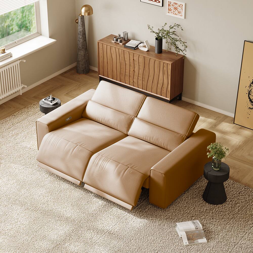 Left. POVISON - 78.74" Power Loveseat Sofa Reclining Couch Sofa, Modular Recliner Couch,Power Outlet, Adjustable Headrest, Khaki - Khaki Sustainable Leather.