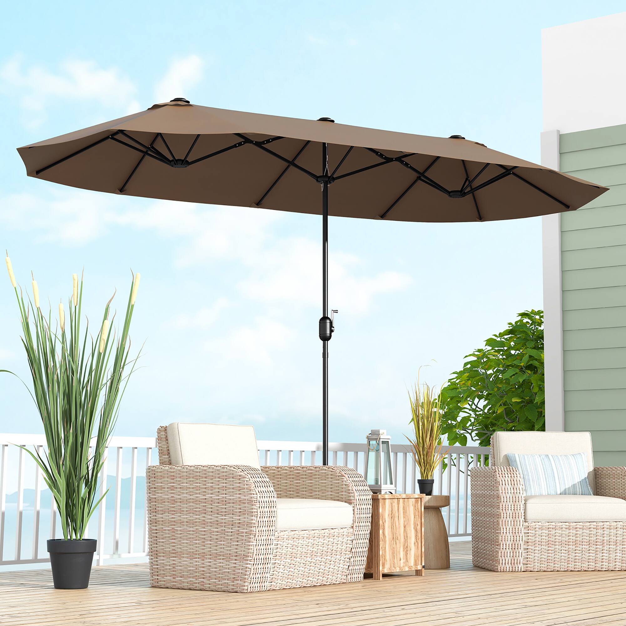 Alt View 3. Gymax - Gymax 13FT Double-sided Patio Umbrella w/ Crank Handle Umbrella Base Safety Lock Tan - Tan.