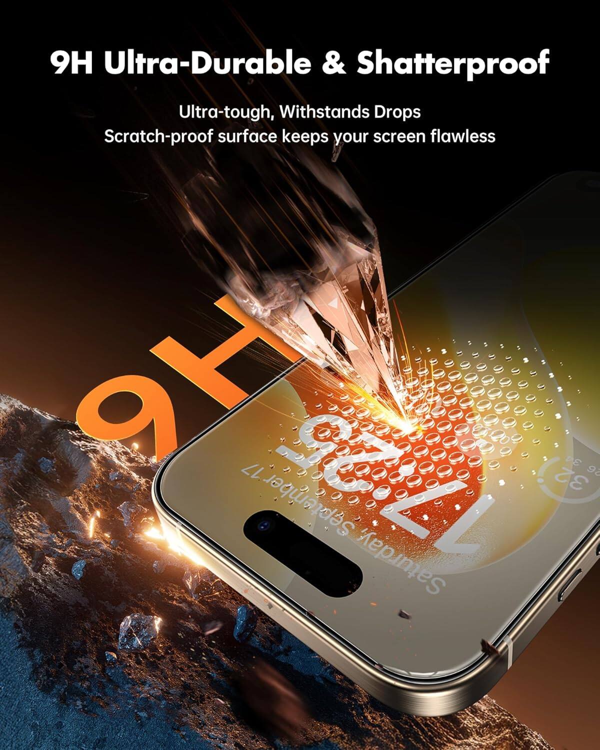 9H Ultra-Durable & Shatterproof  
Ultra-tough, Withstands Drops  
Scratch-proof surface keeps your screen flawless  

9H  
September 17 17:25  
32 98 Saturday