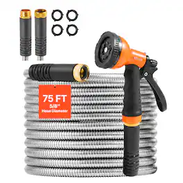 VEVOR - Metal Garden Hose 75 ft, Rust Proof Water Hose, Heavy Duty Backyard Hose with 10 Function Nozzle - Stainless Steel