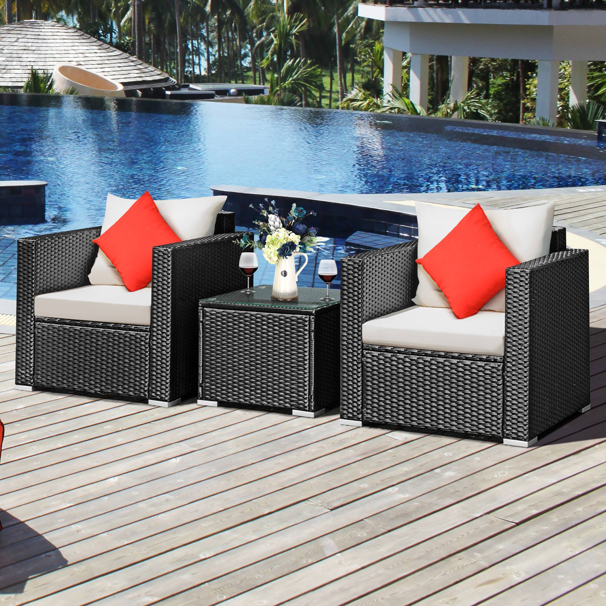 Alt View 1. Costway - 3PCS Patio wicker Furniture Set Conversation Rattan Sofa Set w/Cushion Garden - Black,White.