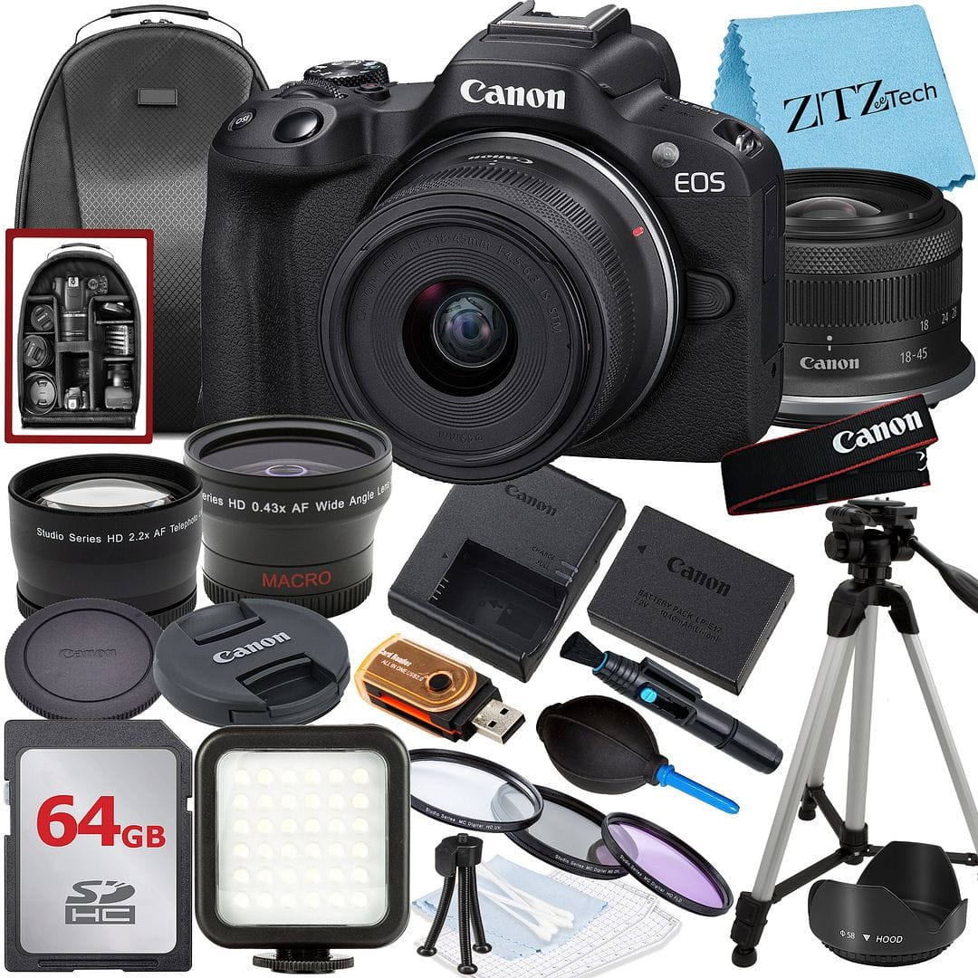 Canon - EOS R50 Mirrorless Camera with 18-45mm Lens + 64GB Card + Case + ZeeTech Bundle (International Version) - Black