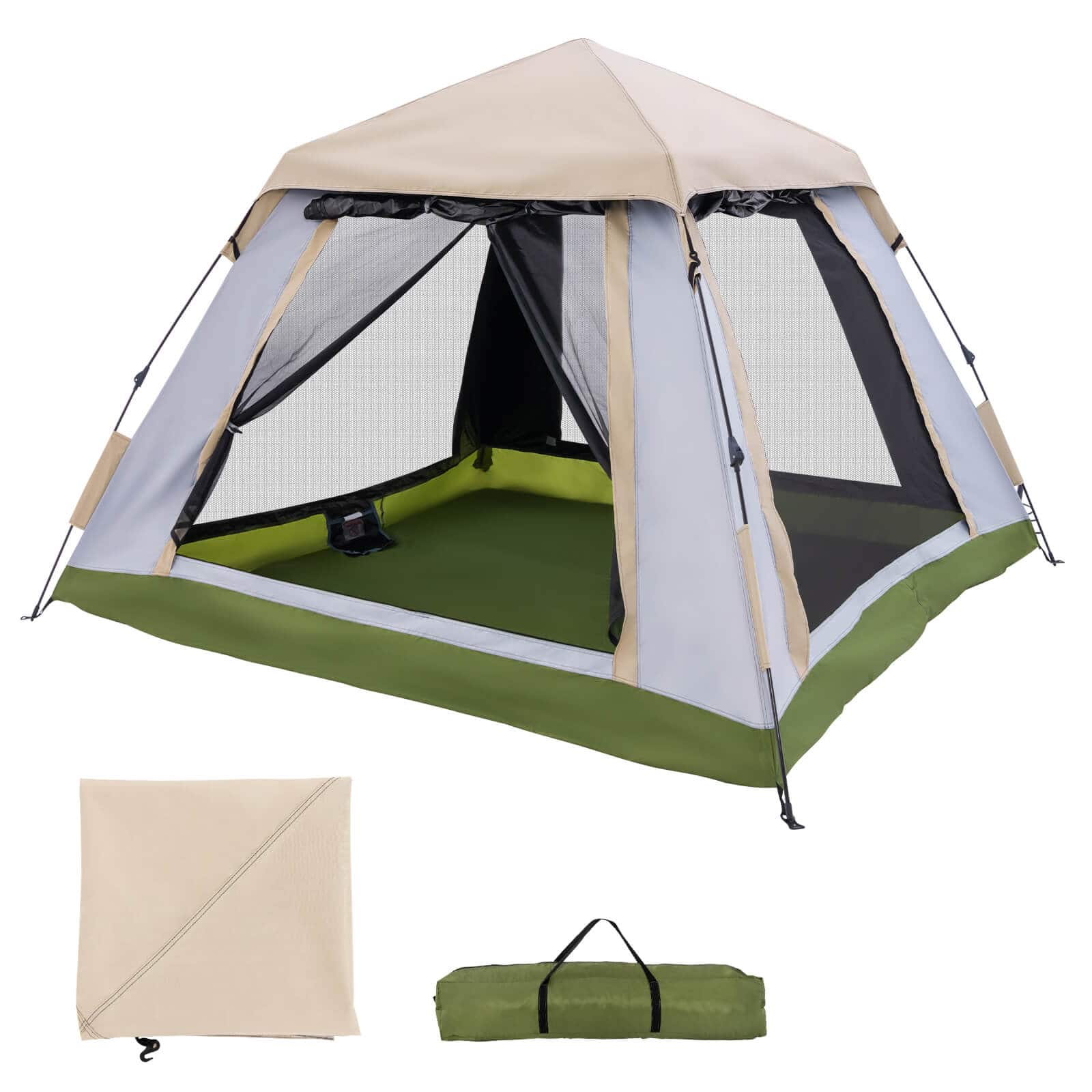 Front. Costway - Instant Pop-up Tent 2-4 Person Camping Tent w/ Removable Rainfly & Carrying Bag - Beige + Green + Grey.
