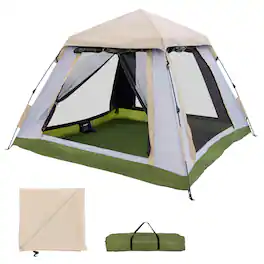 Costway - Instant Pop-up Tent 2-4 Person Camping Tent w/ Removable Rainfly & Carrying Bag - Beige + Green + Grey