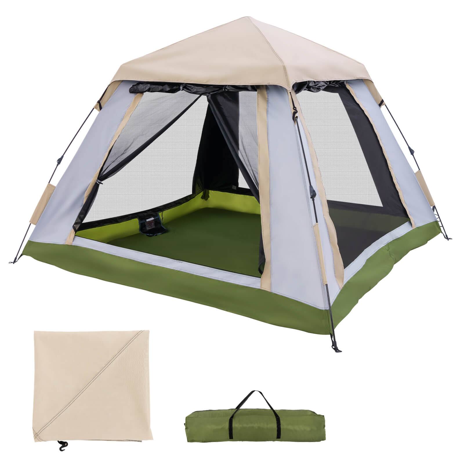 Front. Costway - Instant Pop-up Tent 2-4 Person Camping Tent w/ Removable Rainfly & Carrying Bag - Beige + Green + Grey.