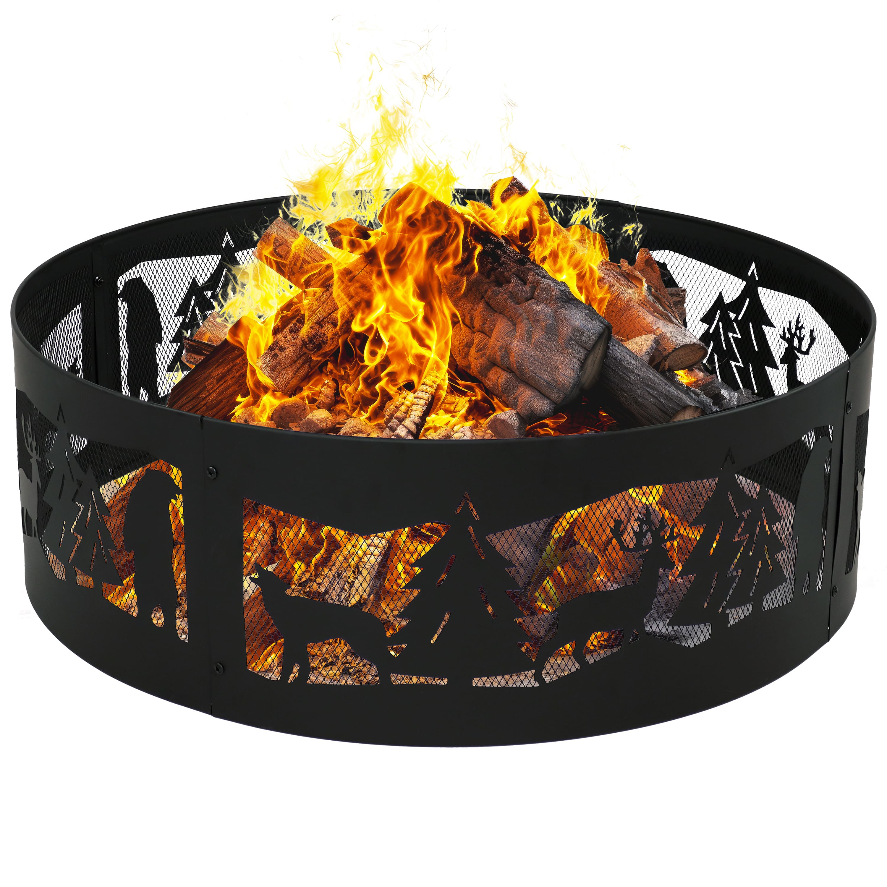 Sunnydaze - 36 in Forest Wilderness Steel Fire Pit Ring - Black