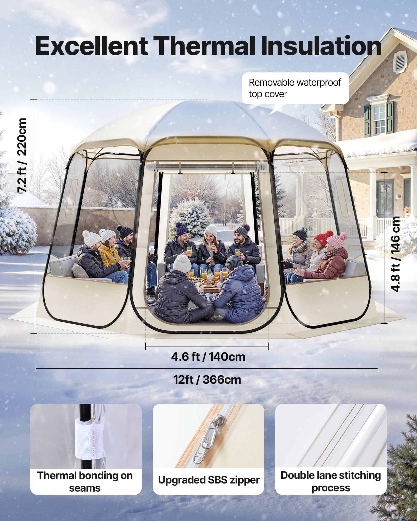 Excellent Thermal Insulation

- Removable waterproof top cover
- 7.2 ft / 220 cm
- 4.8 ft / 146 cm
- 4.6 ft / 140 cm
- 12 ft / 366 cm

Features:
- Thermal bonding on seams
- Upgraded SBS zipper
- Double lane stitching process