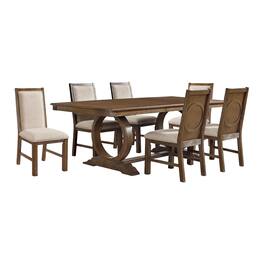 Manhattan Lane - Lovi 7pc Dining Table and Chair Set, Beige Fabric, Rustic Oak Brown - Oak Brown, Beige