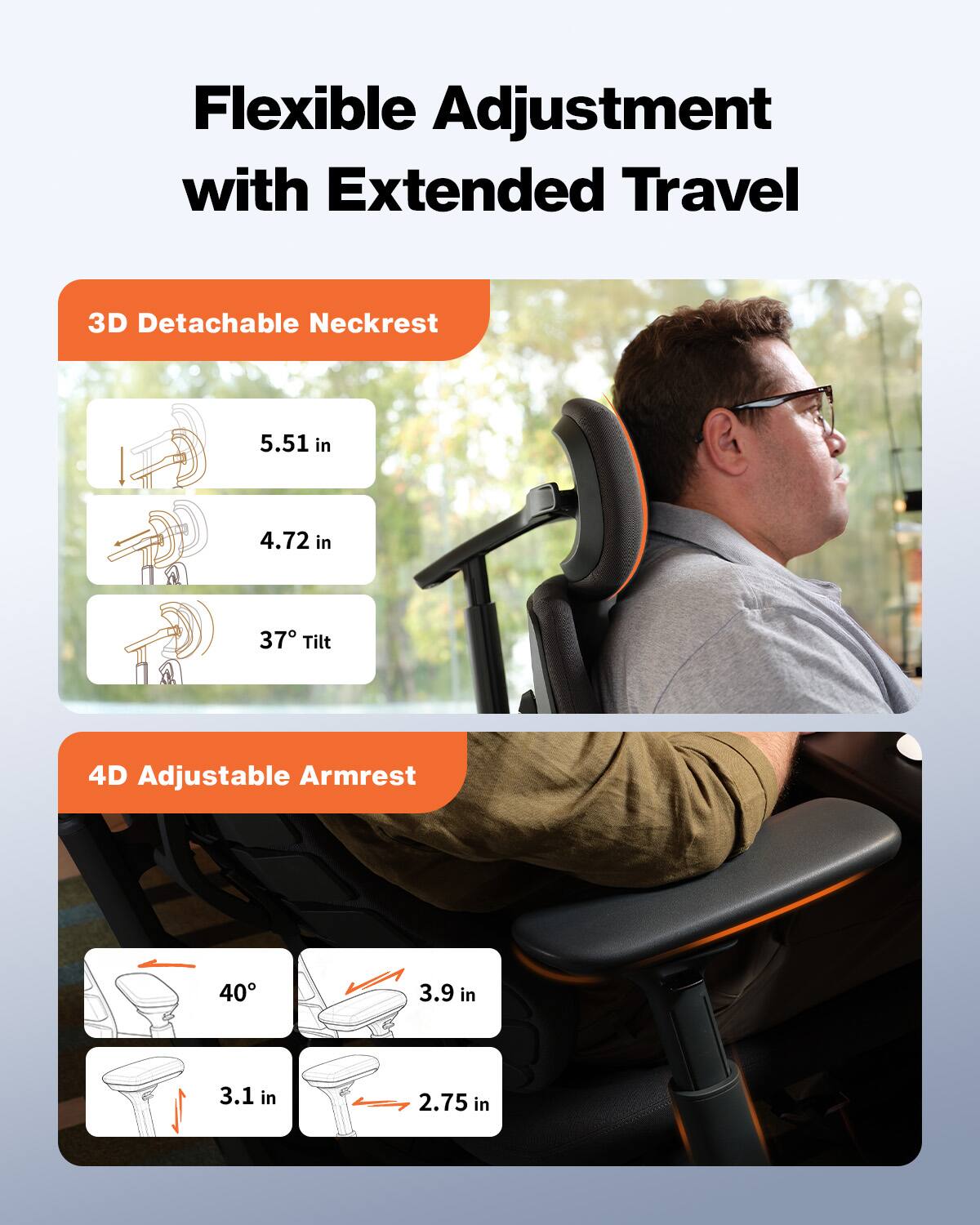 Flexible Adjustment with Extended Travel

3D Detachable Neckrest
- 5.51 in
- 4.72 in
- 37° Tilt

4D Adjustable Armrest
- 40°
- 3.9 in
- 3.1 in
- 2.75 in