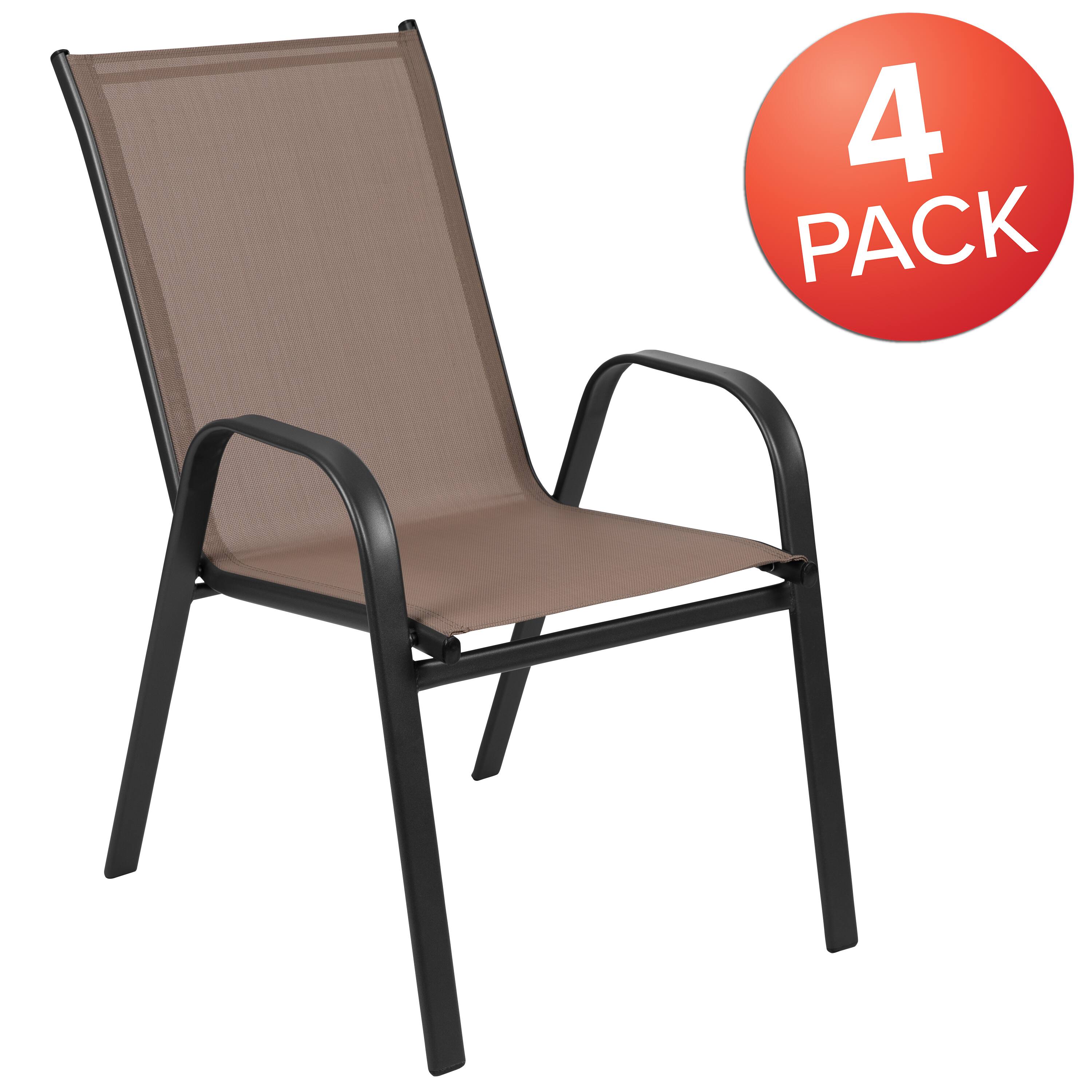 Alt View 1. Emma + Oliver - 4 Pack Outdoor Stack Chair with Flex Comfort Material - Patio Stack Chair - Brown.