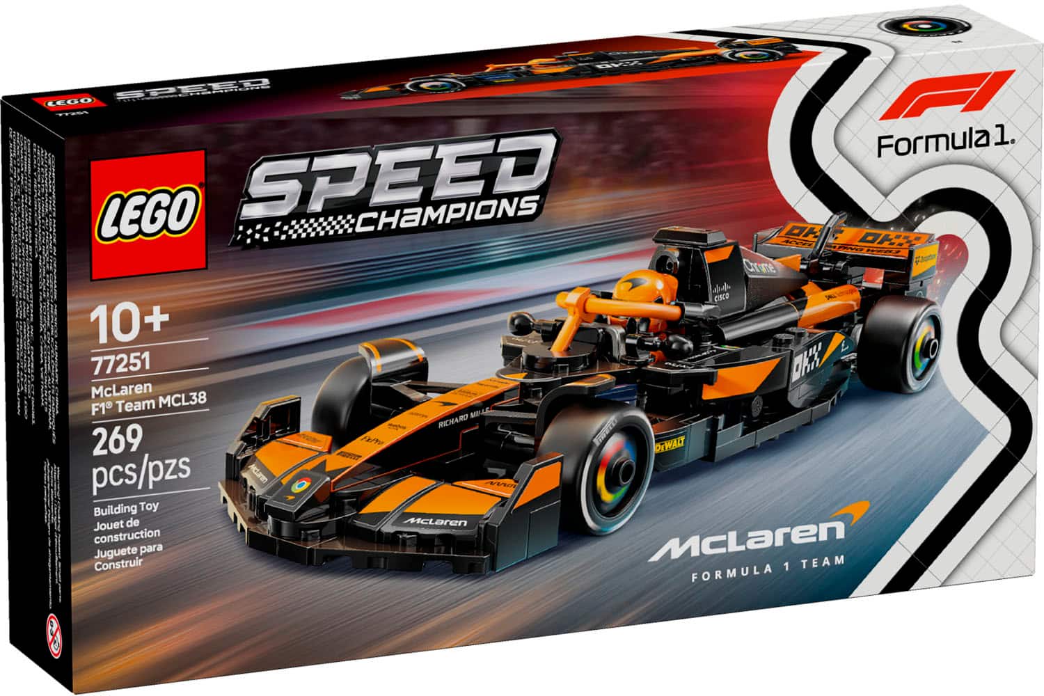 The text on the image is grouped and corrected as follows:
"LEGO Speed Champions Formula 1. LEGO SPEED CHAMPIONS OF H WR P H-03 Crrome o CISco 10+ 77251 McLaren F1 Team MCL38 MBLE RICHARD 269 PaTIT Fire DEWALT pcs/pzs Atarm Building Toy Jouet de McLaren construction McLaren Juguete para Construir 1 TEAM FORMULA."