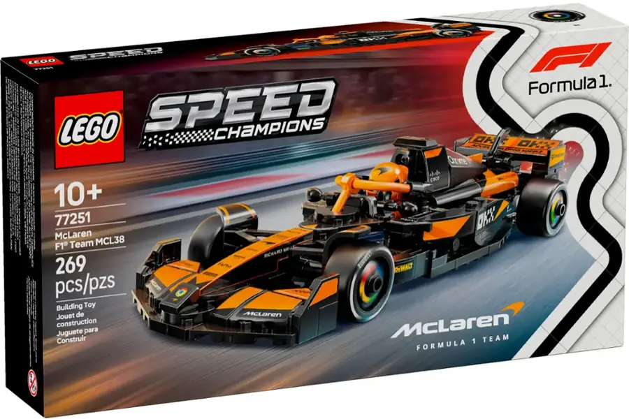 The text on the image is grouped and corrected as follows:

"LEGO Speed Champions Formula 1. LEGO SPEED CHAMPIONS OF H WR P H-03 Crrome o CISco 10+ 77251 McLaren F1 Team MCL38 MBLE RICHARD 269 PaTIT Fire DEWALT pcs/pzs Atarm Building Toy Jouet de McLaren construction McLaren Juguete para Construir 1 TEAM FORMULA."
