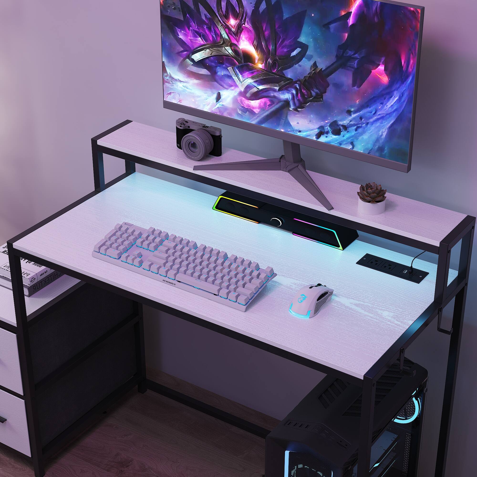 Back. Famapy - Gaming Desk with RGB Lights, Built-in Power Outlets, Cable Management & Storage for Immersive Setup - White & Black.