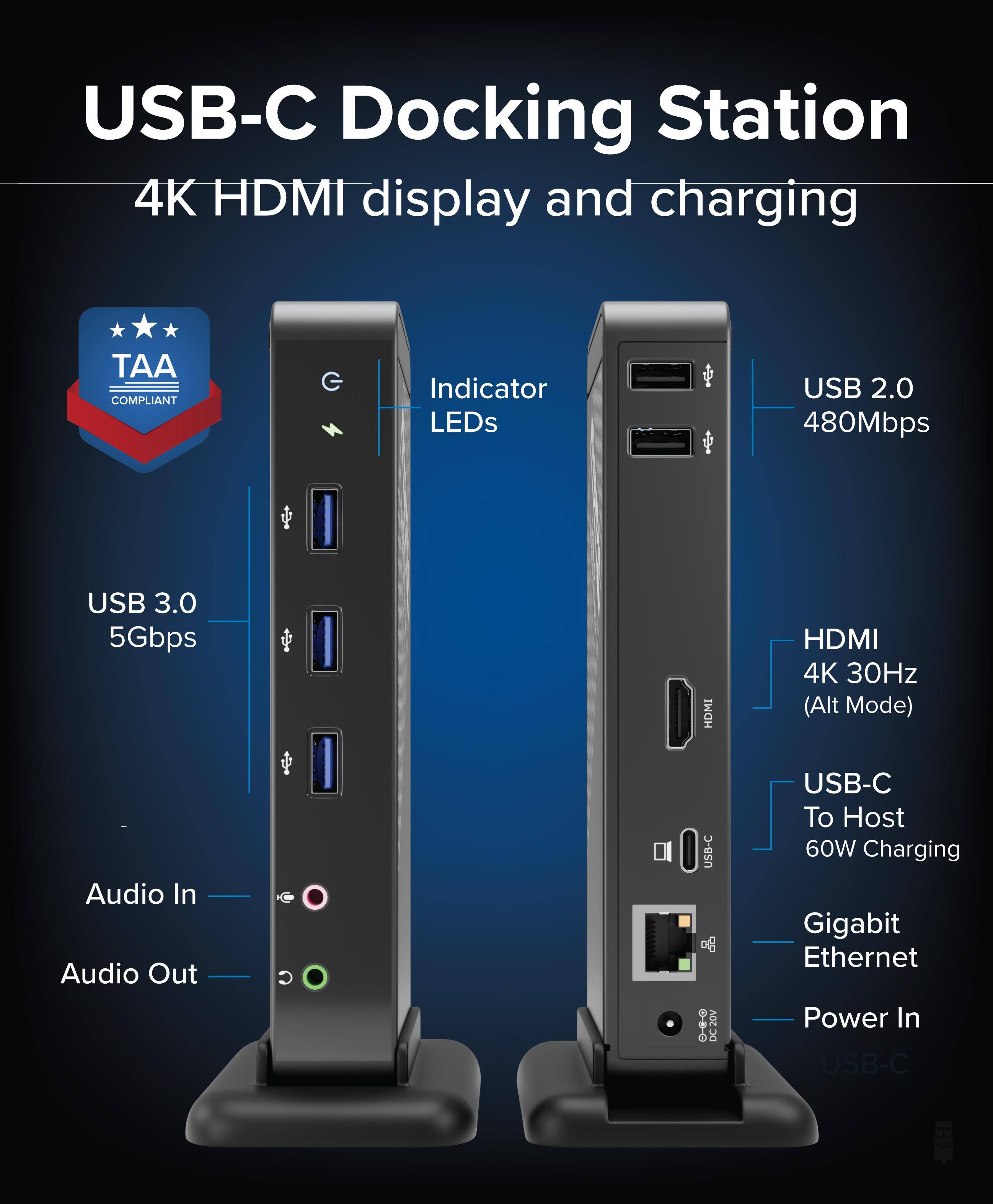USB-C Docking Station  
4K HDMI display and charging  
TAA COMPLIANT  
Indicator LEDs  
USB 2.0 480Mbps  
USB 3.0 5Gbps  
HDMI HDMI 4K 30Hz (Alt Mode)  
Audio In Audio Out  
C USB-C  
DC20V DC USB-C To Host 60W Charging  
Gigabit Ethernet  
Power In USB-C