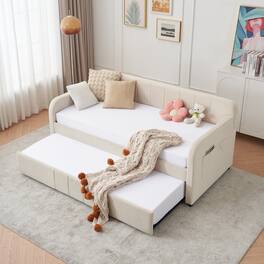 Trinkets Crazed - Twin Size Daybed with Trundle, Twin to King Design Extendable Sofa Bed, Upholstered Corner Day Bed Frame - Beige