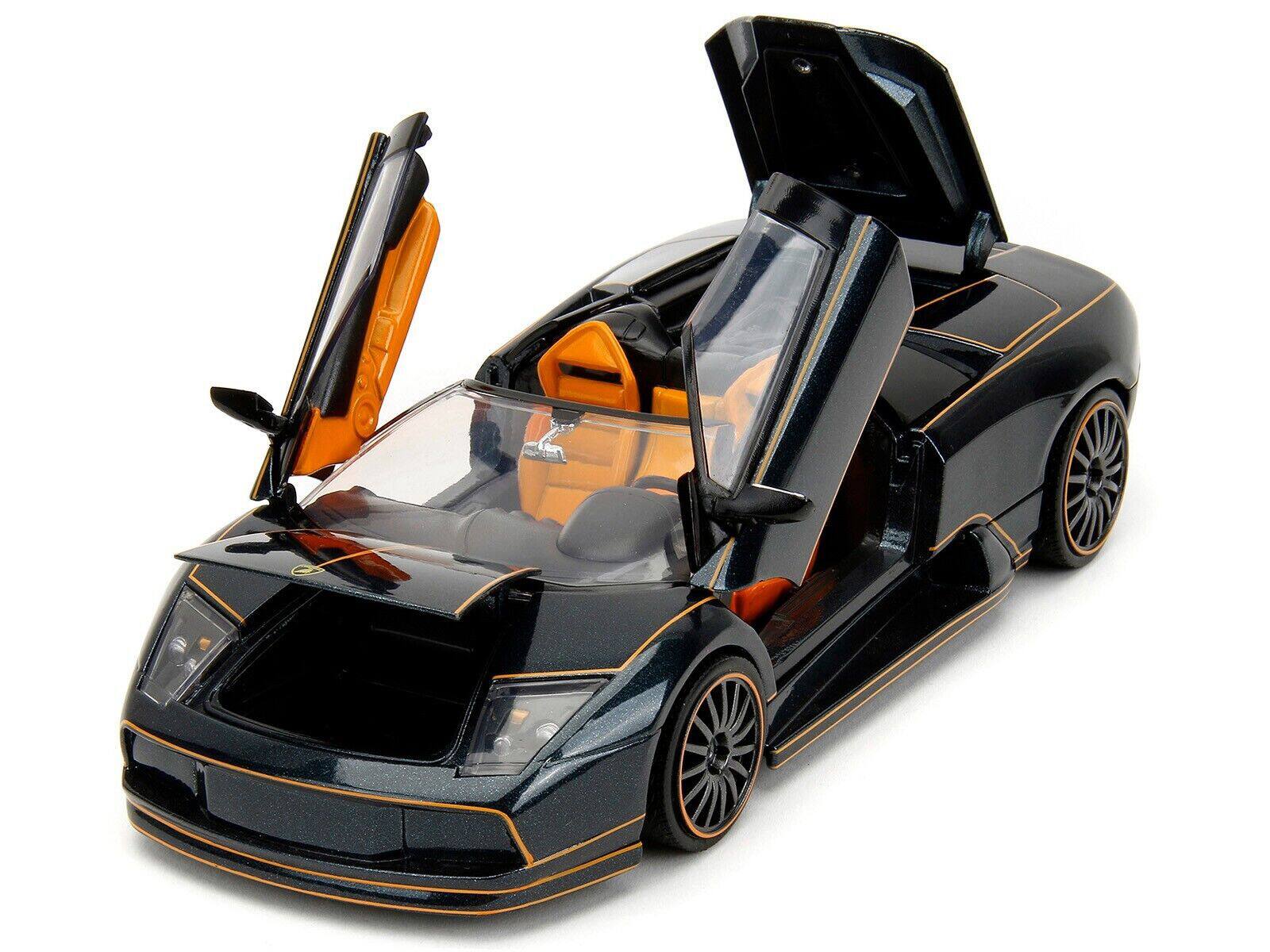 Angle. Jada - Lamborghini Murcielago Roadster Black Metallic with Orange Interior "Pink Slips" Series 1/24 Diecast Model Car by Jada - Black Metallic With Orange.