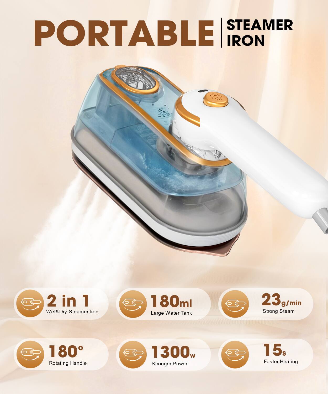 PORTABLE STEAMER IRON

- 2 in 1 Wet & Dry Steamer Iron
- 180ml Large Water Tank
- 23 g/min Strong Steam
- 180° Rotating Handle
- 1300w Stronger Power
- 15s Faster Heating