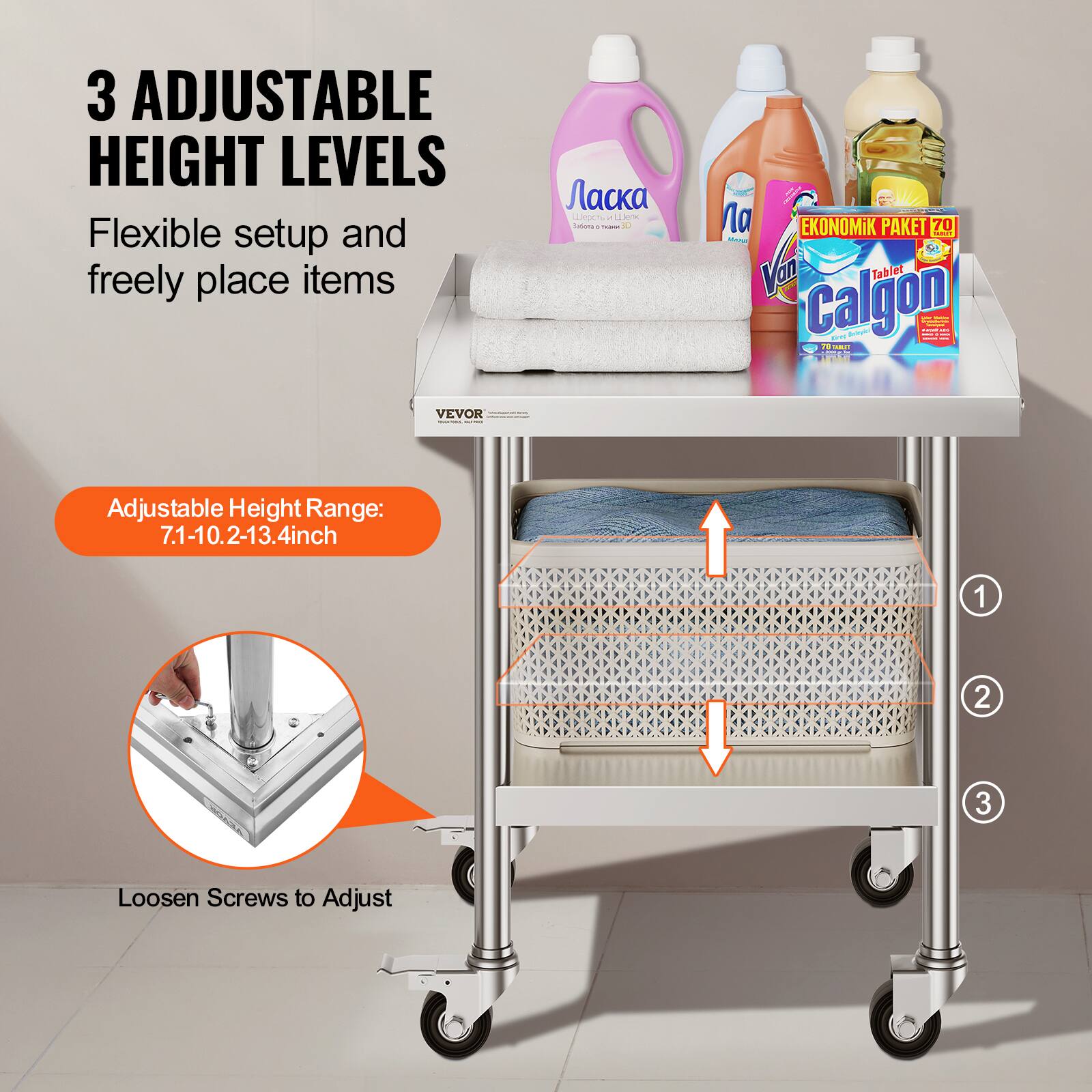 3 ADJUSTABLE HEIGHT LEVELS Flexible setup and freely place items

Adjustable Height Range: 7.1-10.2-13.4inch

Loosen Screws to Adjust