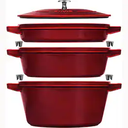 Staub - Cast Iron Set 4-pc, Stackable Space-Saving Cookware Set, Dutch Oven with Universal Lid, Made in France - Grenadine