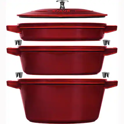 Front. Staub - STAUB Cast Iron Set 4-pc, Stackable Space-Saving Cookware Set, Dutch Oven with Universal Lid, Made in France, Grenadine - Grenadine.