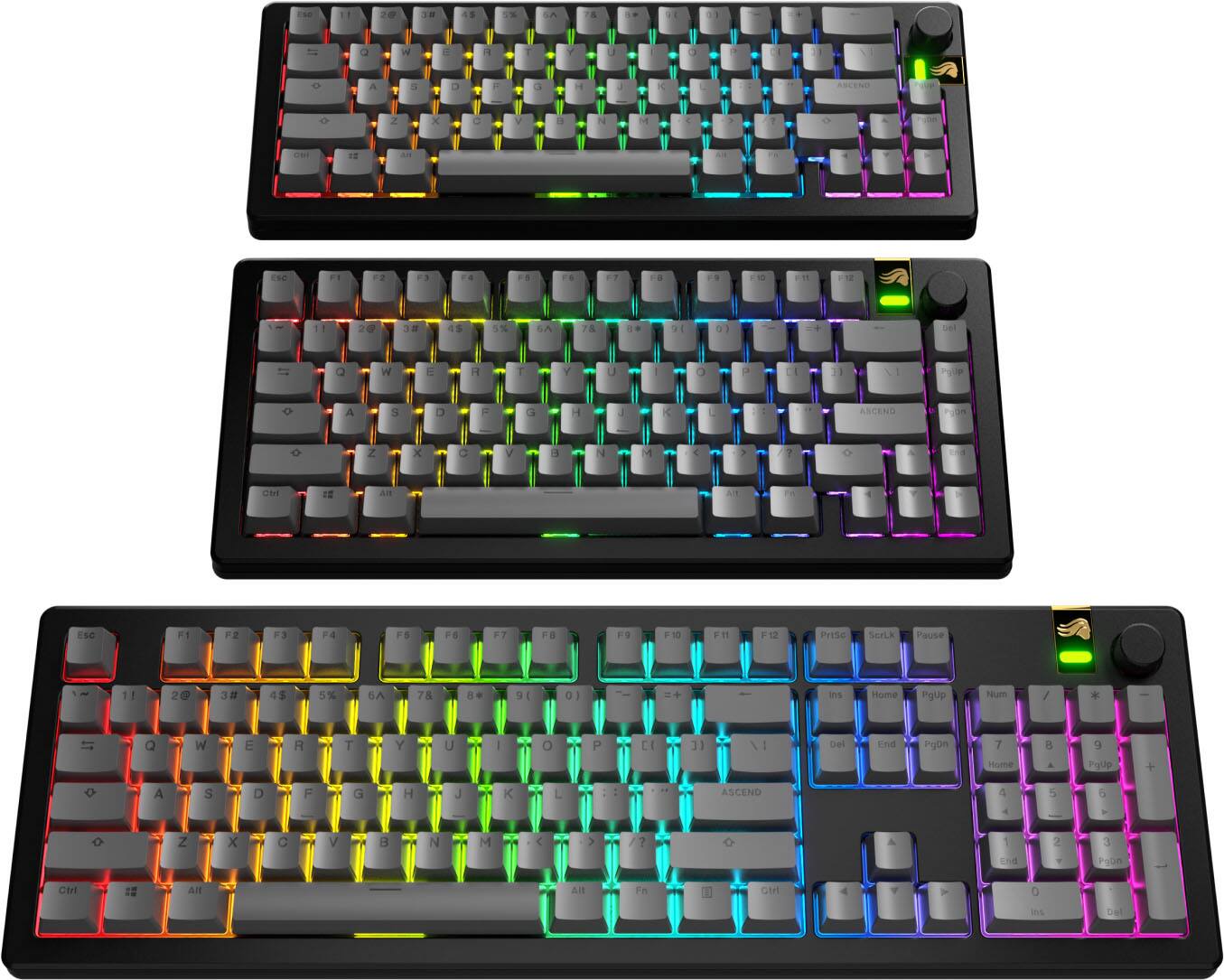 The text on the image is a description of the three keyboards, which are colorful and have rainbow-colored keys. The keyboards are designed with a variety of colors, including red, orange, yellow, green, blue, and purple. The arrangement of the keyboards is as follows:

1. A keyboard with a red key in the bottom left corner.
2. A keyboard with a yellow key in the bottom left corner.
3. A keyboard with a purple key in the bottom left corner.

These keyboards are likely intended for use with computers or other electronic devices, and their vibrant colors make them visually appealing and easy to identify.