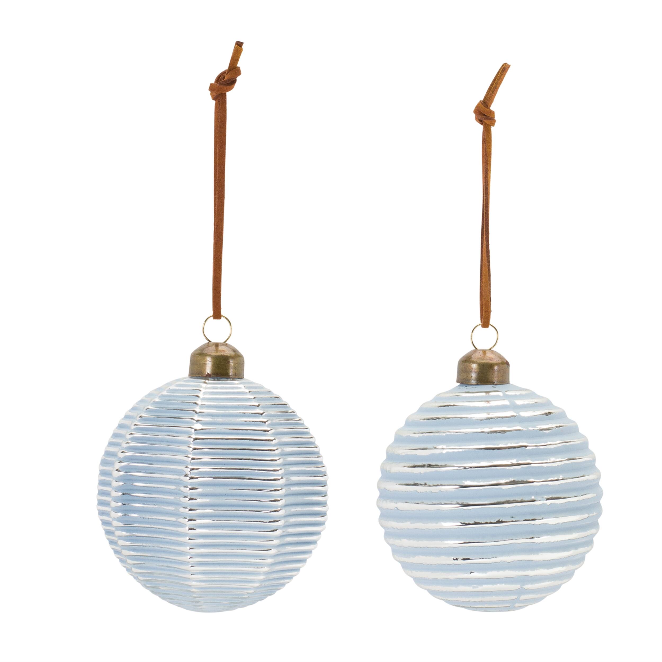 Angle. BreeBe - Ribbed Glass Ornament (Set of 12) - Blue, White.
