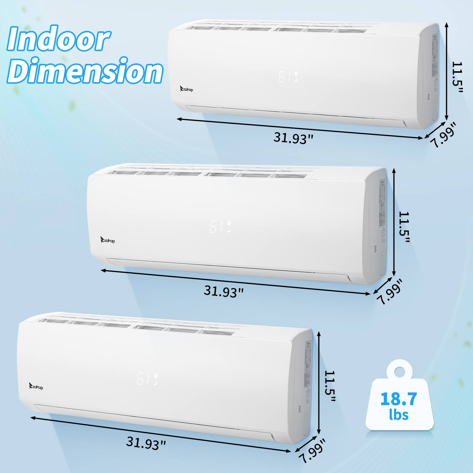 Indoor Dimension  
Rurup 619  
31.93" x 11.5" x 7.99"  
Raop 619  
31.93" x 11.5" x 7.99"  
Rnp 619  
31.93" x 11.5" x 7.99"  
18.7 lbs