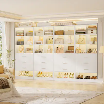 Front. Aheaplus - 7.9 FT Modular Wardrobe System 4-Piece Set with 12 Drawers & 24 Cube Storage, Large Walk-in Closet Organizer Unit - White.