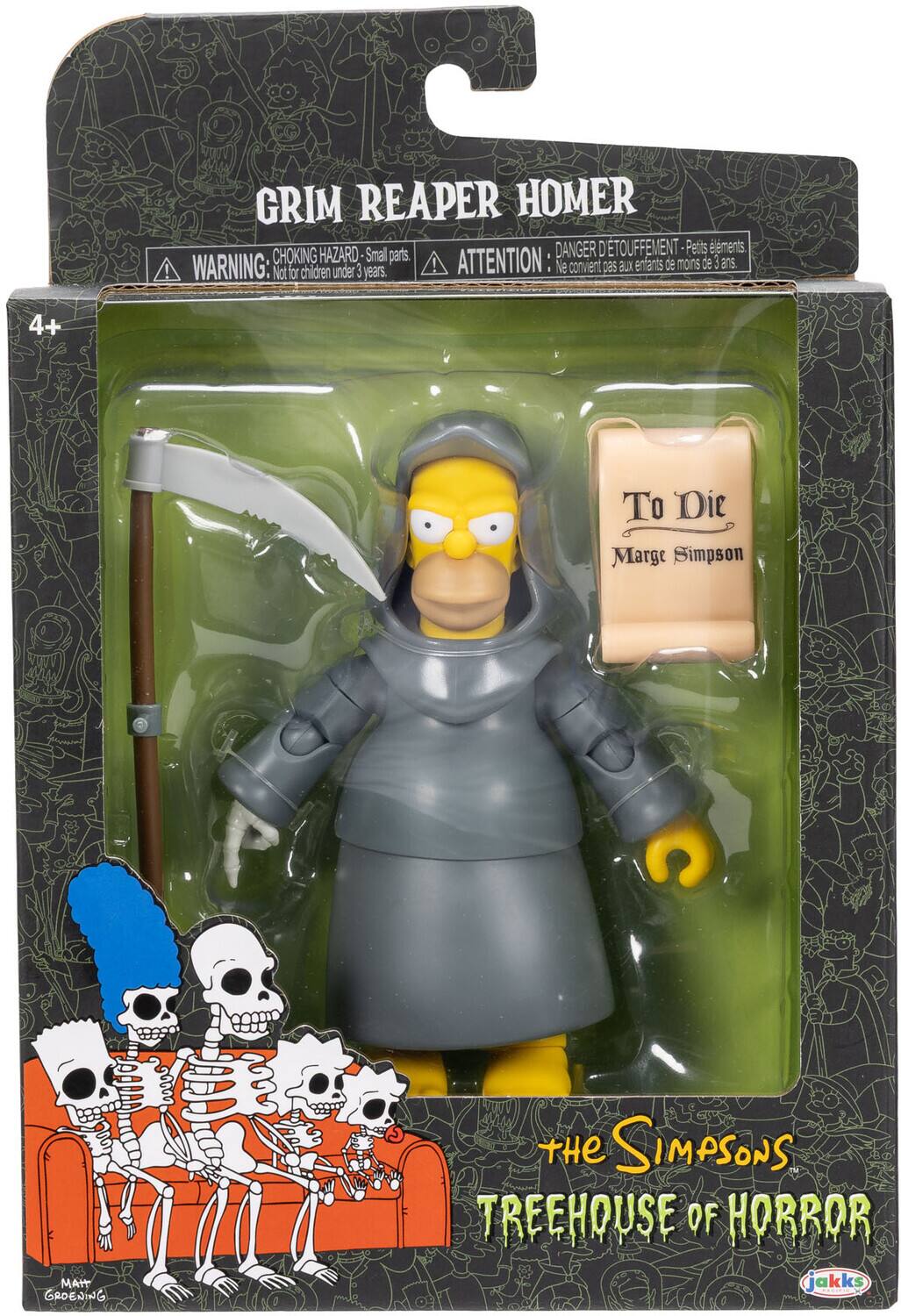 GRIM REAPER HOMER  
DANGER D'ÉTOUFFEMENT - Petits éléments.  
CHOKING HAZARD - Small parts.  
ATTENTION: de 3 ans  
WARNING: under 3!  
Not for children years.  
4+  

To Die  
Marge Simpson  

MAIT GROENING  
THE SIMPSONS TREEHOUSE OF HORROR  
jakks