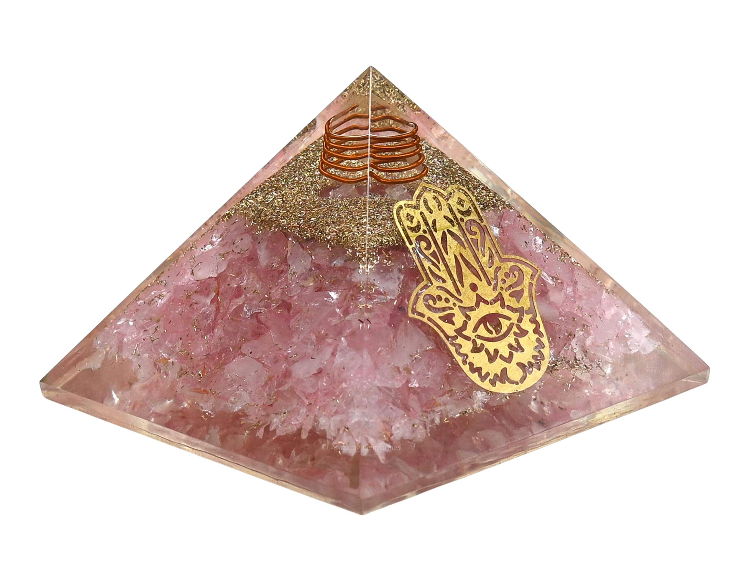 Alchemy Casas - Rose Quartz Orgone Pyramid 2.8" Pink Crystal Energy Generator for Protection Meditation Gift - Hamsa Hand Evil Eye - Big