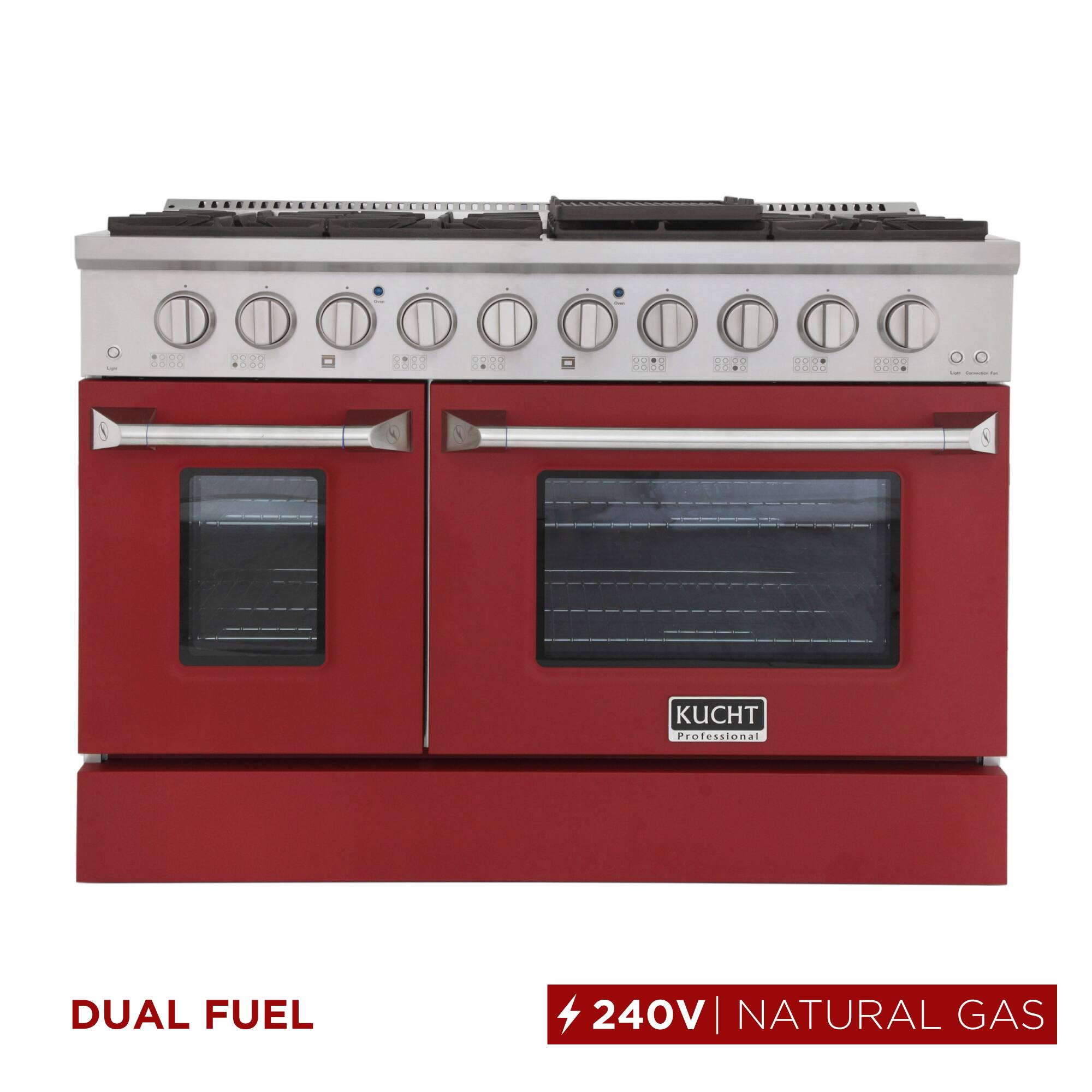 Kucht - 48" Dual Fuel Range for NG, SS/Red Doors, Sealed Burners, Griddle, 2 Ovens (1 Convection) - Red